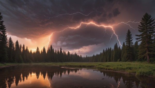 outdoors,sky,cloud,water,tree,no humans,cloudy sky,grass,nature,scenery,forest,reflection,sunset,mountain,electricity,river,lightning,landscape,lake,reflective water,pine tree