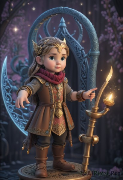 1girl,solo,long hair,looking at viewer,blue eyes,brown hair,hair ornament,jewelry,standing,full body,boots,scarf,tree,brown footwear,child,circlet,fantasy,magic,candle,blonde hair,1boy,weapon,artist name,night,tiara,realistic