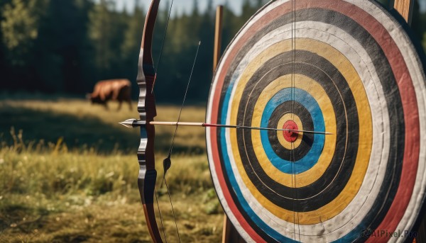 red eyes,weapon,outdoors,day,blurry,tree,no humans,depth of field,blurry background,animal,grass,nature,forest,bow (weapon),arrow (projectile),horse,holding bow (weapon),eye focus,holding,holding weapon,pokemon (creature),scenery,dog,realistic,animal focus,aiming