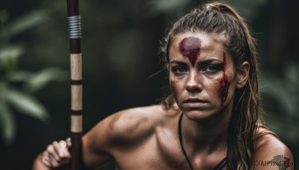 1girl,solo,long hair,looking at viewer,blue eyes,brown hair,black hair,1boy,holding,jewelry,upper body,ponytail,weapon,male focus,parted lips,necklace,holding weapon,blurry,lips,grey eyes,blood,tattoo,blurry background,facial mark,polearm,spear,realistic,nose,facepaint,tribal,portrait,nature,freckles,bow (weapon),blood on face,arrow (projectile)