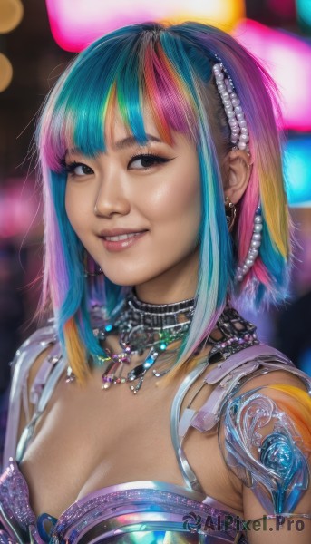 1girl,solo,breasts,looking at viewer,smile,short hair,bangs,blonde hair,hair ornament,cleavage,brown eyes,jewelry,medium breasts,blue hair,upper body,pink hair,multicolored hair,earrings,small breasts,parted lips,teeth,choker,medium hair,necklace,grin,blurry,black eyes,two-tone hair,lips,streaked hair,aqua hair,gradient hair,makeup,blurry background,gem,science fiction,realistic,nose,rainbow hair,large breasts,sidelocks,sleeveless,artist name,eyelashes,tattoo,watermark,piercing,bokeh