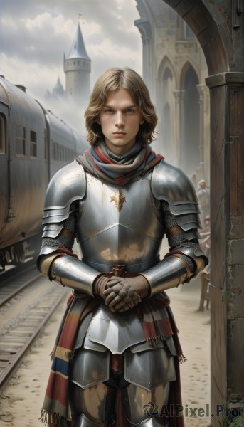 1girl,solo,looking at viewer,short hair,blue eyes,blonde hair,brown hair,gloves,brown eyes,closed mouth,standing,boots,outdoors,sky,solo focus,day,cloud,medium hair,armor,lips,cloudy sky,own hands together,shoulder armor,gauntlets,building,pauldrons,breastplate,realistic,faulds,knight,full armor,chainmail,plate armor,weapon,sword,helmet,serious,castle