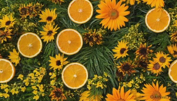 flower,outdoors,food,no humans,fruit,leaf,plant,nature,scenery,yellow flower,sunflower,field,orange (fruit),food focus,still life,orange theme,orange slice,tree,forest,green theme,lemon