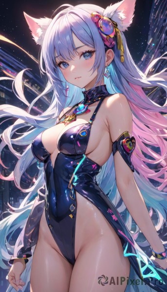 1girl,solo,long hair,breasts,looking at viewer,blush,bangs,blue eyes,large breasts,hair ornament,dress,animal ears,cleavage,bare shoulders,jewelry,medium breasts,very long hair,closed mouth,blue hair,standing,pink hair,ahoge,thighs,multicolored hair,cowboy shot,earrings,parted lips,detached sleeves,cat ears,black dress,bracelet,two-tone hair,leotard,groin,animal ear fluff,sideboob,covered navel,gradient hair,detached collar,highleg,revealing clothes,black leotard,pelvic curtain,extra ears,highleg leotard,colored inner hair,white hair,sidelocks,nail polish,see-through,armlet,blue leotard,armpit crease