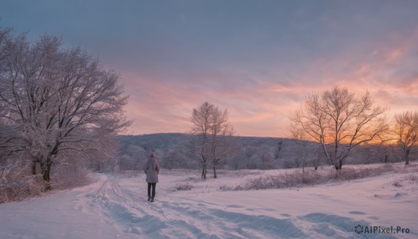 1girl,solo,brown hair,long sleeves,standing,pantyhose,outdoors,sky,cloud,from behind,scarf,black footwear,tree,blue sky,coat,cloudy sky,nature,scenery,snow,walking,sunset,winter clothes,facing away,wide shot,winter,bare tree,twilight,evening,winter coat,grey coat,footprints,short hair,boots,pants,water,black pantyhose,mountain,hands in pockets,horizon,mountainous horizon,gradient sky