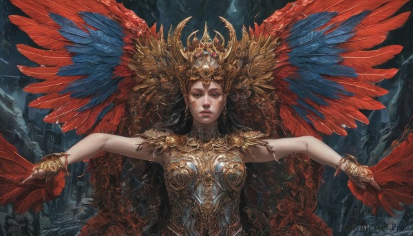 1girl,solo,long hair,breasts,looking at viewer,brown hair,black hair,gloves,brown eyes,jewelry,upper body,earrings,outdoors,parted lips,wings,sky,teeth,cloud,armor,bracelet,lips,makeup,night,outstretched arms,feathers,crown,night sky,feathered wings,headpiece,spread arms,headdress,red lips,medium breasts,pointy ears,gauntlets,gold trim,breastplate,realistic,fantasy,gold,red wings,gold armor