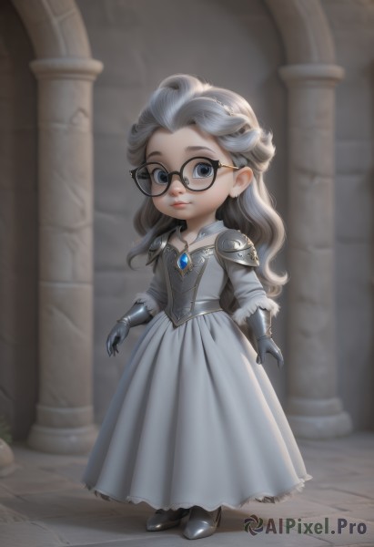 1girl,solo,long hair,looking at viewer,smile,blue eyes,gloves,dress,jewelry,closed mouth,standing,full body,white hair,grey hair,boots,glasses,necklace,black footwear,armor,blurry,lips,grey eyes,blurry background,blue dress,aged down,brooch,shoulder armor,gauntlets,child,pendant,black-framed eyewear,pauldrons,breastplate,long dress,armored dress,female child,grey dress,pillar,black gloves,artist name,chibi,fur trim,watermark