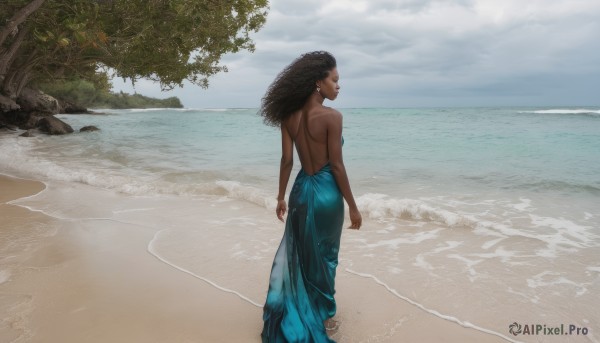 1girl,solo,long hair,breasts,black hair,dress,bare shoulders,jewelry,standing,closed eyes,ass,earrings,outdoors,sky,day,looking back,cloud,dark skin,water,from behind,dark-skinned female,tree,lips,strapless,blue dress,ocean,back,beach,cloudy sky,strapless dress,wading,backless outfit,sand,long dress,arms at sides,horizon,bare back,shoulder blades,backless dress,waves,very dark skin,shore,skirt,blue sky,blue skirt,walking,palm tree