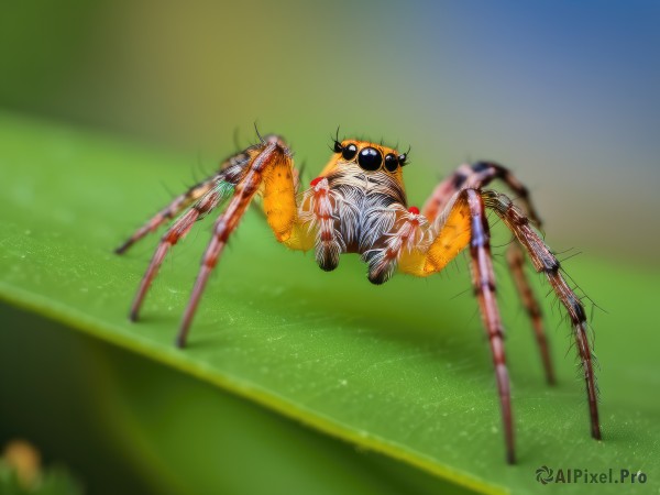 solo,looking at viewer,outdoors,blurry,no humans,depth of field,blurry background,animal,sunglasses,grass,bug,realistic,animal focus,spider,full body,black eyes,flying,green background,dragonfly