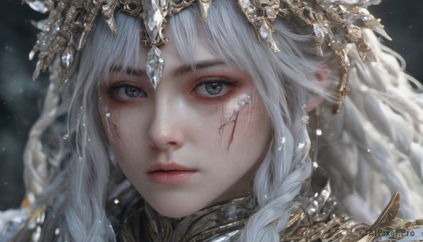 1girl,solo,long hair,looking at viewer,bangs,hair ornament,jewelry,braid,white hair,earrings,parted lips,artist name,armor,blurry,twin braids,lips,grey eyes,eyelashes,depth of field,blurry background,scar,gem,portrait,close-up,freckles,circlet,realistic,nose,head chain,closed mouth,green eyes,grey hair,expressionless,light particles,headpiece,gold