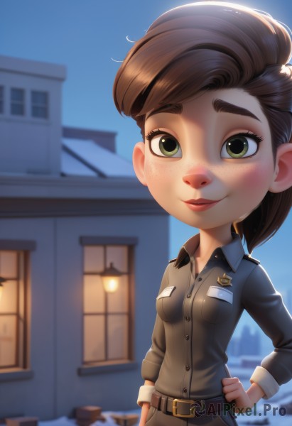 1girl,solo,breasts,looking at viewer,smile,brown hair,shirt,long sleeves,closed mouth,green eyes,small breasts,outdoors,sky,day,belt,blurry,uniform,blue sky,lips,hand on hip,military,window,military uniform,night,blurry background,thick eyebrows,building,freckles,pocket,lamp,house,long hair,ponytail,collared shirt,pants,artist name,eyelashes,badge