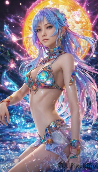 1girl,solo,long hair,breasts,looking at viewer,bangs,blue eyes,skirt,navel,cleavage,bare shoulders,jewelry,medium breasts,sitting,blue hair,swimsuit,pink hair,bikini,multicolored hair,earrings,choker,pointy ears,water,necklace,bracelet,lips,gradient hair,watermark,elf,gem,bikini top only,realistic,nose,bikini armor,hair ornament,closed mouth,small breasts,outdoors,parted lips,sky,shiny,artist name,nail polish,from side,wet,see-through,grey eyes,petals,eyelashes,sparkle,night,glowing,ring,blue bikini,armlet,water drop,splashing