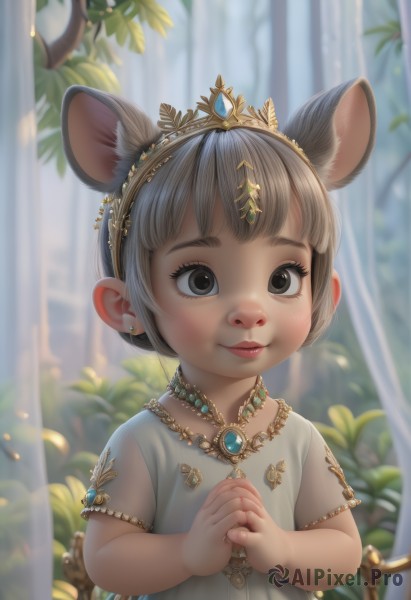 1girl,solo,looking at viewer,smile,short hair,bangs,shirt,dress,animal ears,jewelry,closed mouth,tail,upper body,short sleeves,grey hair,hairband,earrings,outdoors,day,necklace,blurry,black eyes,lips,depth of field,blurry background,own hands together,tiara,curtains,gem,child,nature,extra ears,pendant,freckles,mouse ears,female child,male child,mouse tail,mouse girl,brown hair,hair ornament,brown eyes,crown,plant