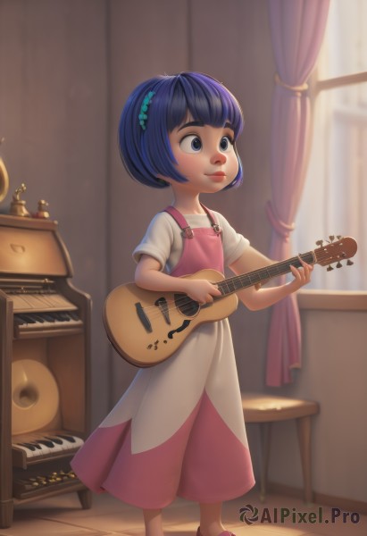 1girl,solo,smile,short hair,bangs,blue eyes,shirt,hair ornament,dress,holding,closed mouth,blue hair,standing,full body,white shirt,short sleeves,hairband,shoes,indoors,blunt bangs,blurry,lips,window,blurry background,chair,sandals,curtains,red footwear,instrument,child,pink dress,music,guitar,female child,slippers,playing instrument,holding instrument,nose