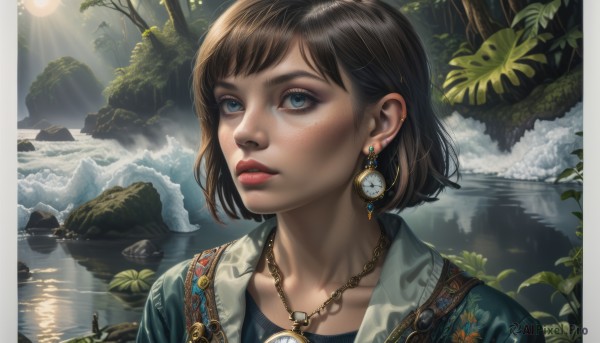 1girl,solo,short hair,bangs,blue eyes,brown hair,shirt,jewelry,collarbone,earrings,outdoors,parted lips,day,water,necklace,tree,lips,looking to the side,eyelashes,makeup,leaf,looking away,border,sunlight,plant,lipstick,ear piercing,portrait,nature,pendant,freckles,reflection,watch,light rays,rock,realistic,nose,sun,red lips,looking afar,river,waterfall,looking at viewer,black hair,upper body,piercing,blue shirt,scenery,forest,eyeliner,watercraft,waves,boat,lake