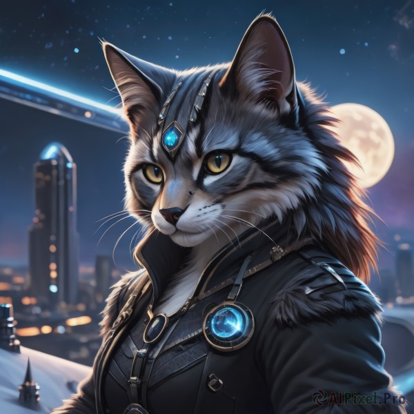 solo,looking at viewer,animal ears,jewelry,closed mouth,jacket,yellow eyes,upper body,outdoors,sky,artist name,signature,blurry,black jacket,fur trim,no humans,night,blurry background,animal,moon,cat,slit pupils,brooch,building,gem,star (sky),night sky,furry,full moon,zipper,starry sky,black coat,city,leather,animal focus,animal nose,whiskers,leather jacket,1girl,long hair,brown hair,weapon,sword,depth of field,colored sclera,fantasy,cityscape,city lights