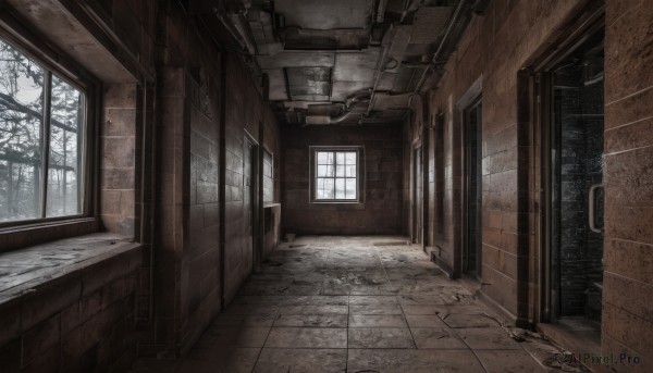 outdoors,day,indoors,tree,no humans,window,scenery,wooden floor,door,tiles,wall,tile floor,brick wall,bare tree,snow,ruins,hallway,stone wall,brick,cracked wall,brick floor,broken window