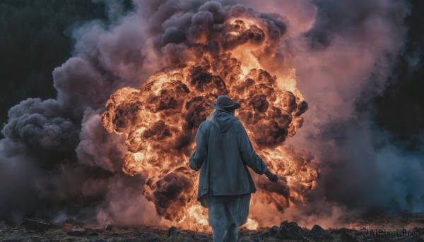 solo,gloves,long sleeves,1boy,hat,standing,jacket,male focus,outdoors,sky,pants,cloud,from behind,coat,black headwear,cloudy sky,fire,scenery,smoke,walking,facing away,explosion,burning,hood,water,military,ocean,waves