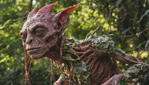 solo,looking at viewer,brown eyes,upper body,outdoors,horns,day,blurry,tree,no humans,depth of field,blurry background,leaf,plant,portrait,nature,forest,monster,realistic,branch,closed mouth,teeth,from side,fantasy,creature,alien,horror (theme)