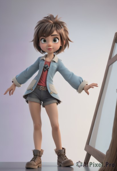 1girl,solo,looking at viewer,smile,short hair,brown hair,shirt,hair ornament,long sleeves,brown eyes,jewelry,green eyes,standing,jacket,full body,boots,shorts,belt,necklace,star (symbol),lips,fur trim,short shorts,black shorts,outstretched arms,denim,child,denim shorts,female child,grey shorts,simple background,open clothes,open jacket,thick eyebrows,red shirt,nose,ankle boots,denim jacket