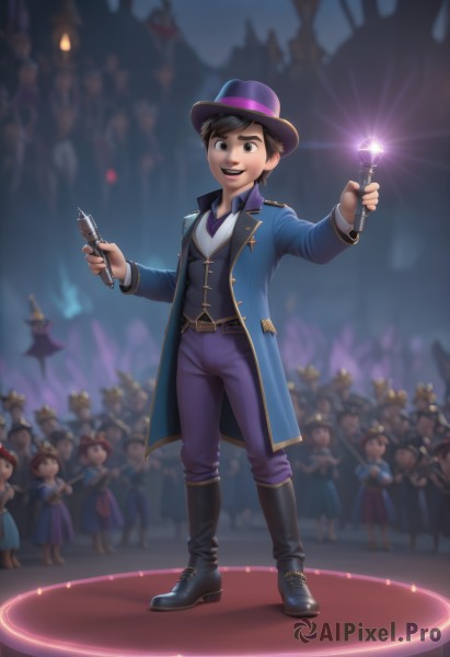 looking at viewer,smile,short hair,open mouth,multiple girls,brown hair,shirt,black hair,long sleeves,1boy,hat,holding,brown eyes,standing,jacket,full body,white shirt,:d,male focus,boots,multiple boys,open clothes,necktie,teeth,solo focus,collared shirt,belt,pants,black footwear,blurry,black eyes,vest,open jacket,coat,6+girls,knee boots,blue jacket,child,buckle,6+boys,open coat,top hat,belt buckle,wand,blue pants,male child,purple headwear,blue coat,crowd,purple necktie,stage,purple vest,spotlight,purple pants,dress,bow,hair bow,shoes,blurry background,watermark,fireworks,glowstick