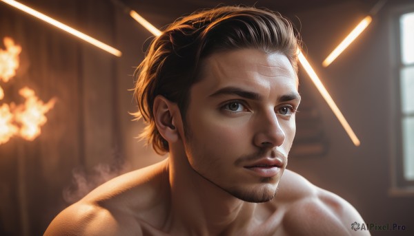 solo,looking at viewer,short hair,brown hair,black hair,1boy,collarbone,male focus,nude,parted lips,indoors,blurry,black eyes,lips,window,muscular,blurry background,facial hair,portrait,beard,mature male,realistic,mustache,stubble,chest hair,brown eyes,upper body,scar,sunlight,light,manly