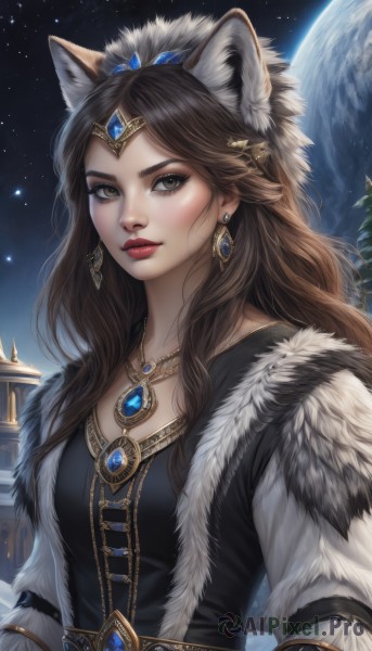 1girl,solo,long hair,breasts,looking at viewer,brown hair,long sleeves,animal ears,brown eyes,jewelry,closed mouth,upper body,earrings,sky,necklace,lips,animal ear fluff,fur trim,makeup,night,tiara,gem,star (sky),night sky,pendant,starry sky,circlet,red lips,hair ornament,dress,yellow eyes,hairclip,artist name,moon,wolf ears,lipstick,realistic,nose,planet,fur,earth (planet),diadem