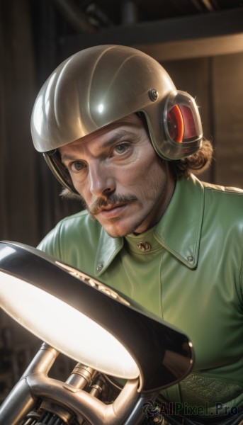 solo,looking at viewer,brown hair,shirt,1boy,brown eyes,upper body,male focus,indoors,blurry,uniform,blurry background,facial hair,helmet,ground vehicle,motor vehicle,beard,realistic,green shirt,mustache,motorcycle,blue eyes,closed mouth,jacket,black eyes,lips,military,military uniform,science fiction,green jacket