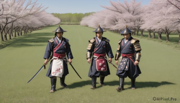 looking at viewer,brown hair,hat,holding,standing,weapon,male focus,outdoors,japanese clothes,multiple boys,day,sword,holding weapon,armor,tree,holding sword,katana,3boys,helmet,grass,cherry blossoms,shoulder armor,sheath,4boys,japanese armor,samurai,multiple girls,black hair,closed mouth,full body,sky,3girls,blue sky,sash