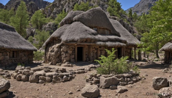 outdoors,sky,day,tree,blue sky,no humans,grass,building,nature,scenery,forest,rock,mountain,road,bush,wall,ruins,house,path,stone,architecture