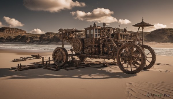 outdoors,sky,day,cloud,water,no humans,shadow,ocean,beach,cloudy sky,ground vehicle,scenery,motor vehicle,sand,horizon,watercraft,vehicle focus,sepia,brown theme,desert,wheel,steampunk,military,military vehicle,shore