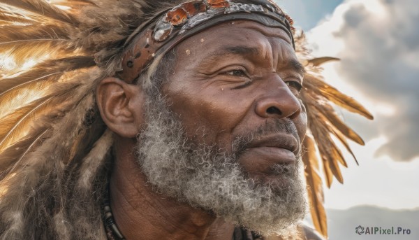 solo,looking at viewer,1boy,brown eyes,closed mouth,male focus,outdoors,sky,day,cloud,headband,facial hair,cloudy sky,feathers,portrait,beard,realistic,mustache,feather hair ornament,manly,brown hair,blue sky,scar,close-up,headdress