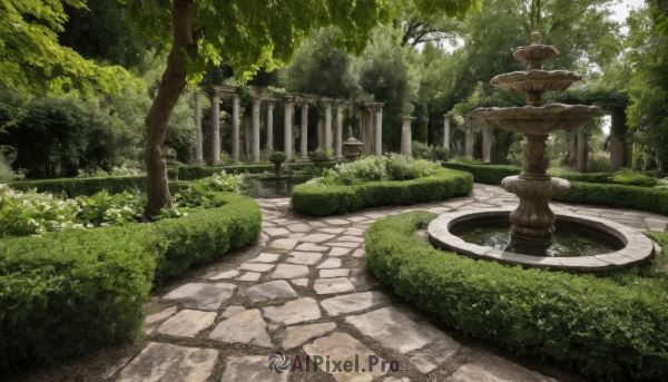 flower,outdoors,day,water,tree,no humans,sunlight,grass,plant,nature,scenery,forest,road,bush,ruins,pillar,statue,path,moss,overgrown,column,pavement,stone lantern