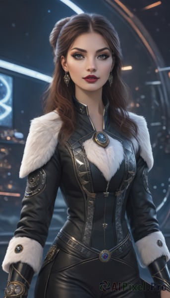 1girl,solo,long hair,breasts,looking at viewer,brown hair,gloves,long sleeves,brown eyes,jewelry,medium breasts,standing,cowboy shot,earrings,parted lips,black gloves,belt,pants,hair bun,blurry,lips,coat,fur trim,makeup,blurry background,black pants,lipstick,brooch,gem,eyeshadow,realistic,red lips,jacket,artist name,black jacket,bodysuit,forehead