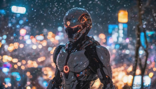 solo, 1boy, upper body, male focus, blurry, depth of field, blurry background, glowing, helmet, robot, science fiction, cyborg, power armor