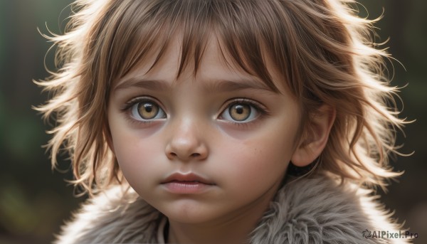 1girl,solo,looking at viewer,short hair,bangs,blonde hair,brown hair,brown eyes,yellow eyes,parted lips,blurry,lips,fur trim,eyelashes,depth of field,blurry background,messy hair,portrait,close-up,freckles,realistic,nose,closed mouth,fur collar