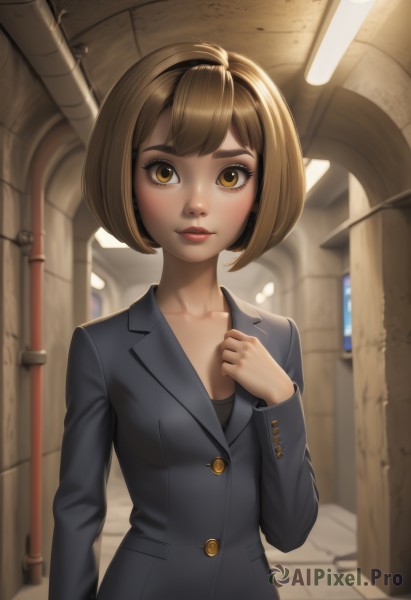 1girl,solo,breasts,looking at viewer,blush,short hair,bangs,brown hair,long sleeves,cleavage,brown eyes,closed mouth,standing,collarbone,jacket,upper body,small breasts,parted lips,artist name,indoors,hand up,blurry,lips,black jacket,eyelashes,makeup,buttons,formal,bob cut,suit,hand on own chest,freckles,arm at side,nose,red lips,hallway,medium breasts,day,blazer,thick eyebrows,lipstick