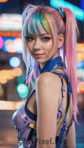 1girl,solo,long hair,breasts,looking at viewer,smile,bangs,blue eyes,bare shoulders,twintails,closed mouth,upper body,pink hair,multicolored hair,small breasts,green hair,sleeveless,looking back,armor,blurry,from side,two-tone hair,lips,grey eyes,eyelashes,makeup,depth of field,blurry background,realistic,nose,bokeh,blonde hair,blue hair,artist name,necklace,bra,streaked hair