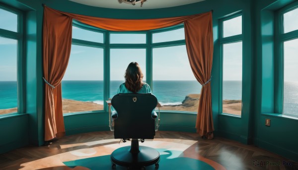 1girl,solo,long hair,brown hair,black hair,sitting,sky,day,cloud,indoors,water,from behind,blue sky,window,ocean,chair,beach,curtains,scenery,wooden floor,horizon,facing away,looking outside,shirt,table,sunlight,instrument,reflection,wide shot,playing instrument,piano