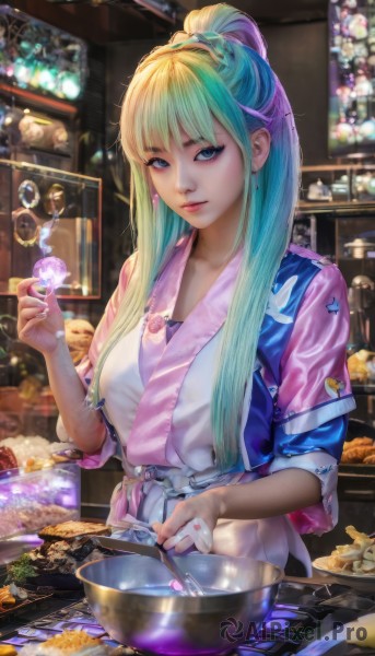 1girl,solo,long hair,breasts,looking at viewer,bangs,blue eyes,blonde hair,holding,jewelry,jacket,upper body,ponytail,sidelocks,multicolored hair,earrings,parted lips,food,green hair,belt,indoors,blurry,apron,two-tone hair,lips,aqua hair,makeup,high ponytail,sleeves rolled up,bubble,bowl,realistic,spoon,nose,egg,cooking,kitchen,holding bowl,whisk,mixing bowl,closed mouth,blue hair,pink hair,short sleeves,artist name,signature,nail polish,fingernails,gradient hair,blurry background,watermark,knife,bandaid,web address,pink nails,pink lips