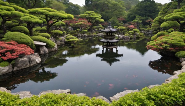 outdoors,day,water,tree,no humans,cherry blossoms,building,nature,scenery,forest,reflection,architecture,bridge,east asian architecture,river,landscape,lake,pond,rock,reflective water,pagoda