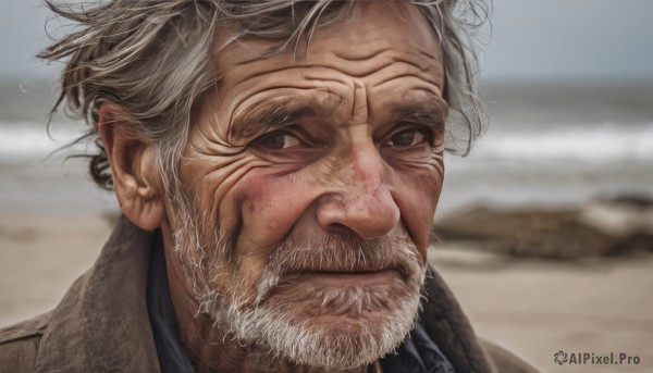 solo,looking at viewer,1boy,brown eyes,closed mouth,grey hair,male focus,outdoors,day,blurry,depth of field,blurry background,facial hair,beach,messy hair,portrait,beard,brown jacket,realistic,mustache,sand,old,old man,wrinkled skin,smile,shirt,jacket,white hair,black eyes,grey eyes,scar,scar on face,manly,desert