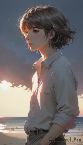 1girl,solo,blush,short hair,bangs,brown hair,shirt,long sleeves,brown eyes,closed mouth,standing,white shirt,upper body,cowboy shot,outdoors,parted lips,sky,day,collared shirt,belt,pants,cloud,water,black eyes,from side,lips,dress shirt,buttons,ocean,looking away,beach,black pants,sunlight,wing collar,buckle,sleeves rolled up,backlighting,pocket,sunset,belt buckle,nose,hands in pockets,sand,breast pocket,looking afar,black belt,hand in pocket,horizon,shirt tucked in