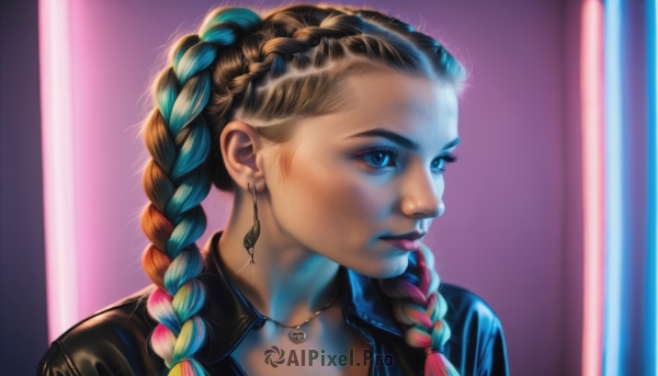 1girl,solo,long hair,blue eyes,blonde hair,brown hair,jewelry,blue hair,jacket,braid,multicolored hair,earrings,necklace,twin braids,two-tone hair,lips,makeup,lipstick,portrait,eyeshadow,realistic,nose,leather,leather jacket,mascara,k/da (league of legends),closed mouth,upper body,heart,artist name,blurry,streaked hair,black jacket,looking to the side,eyelashes,aqua hair,tattoo,blurry background,looking away,piercing,backlighting,hair tie,eyeliner,heart earrings,neon lights,multiple braids,triangle earrings