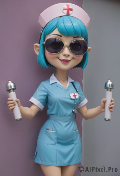 1girl,solo,breasts,looking at viewer,blush,smile,short hair,bangs,hat,dress,holding,blue hair,standing,collarbone,short sleeves,cowboy shot,small breasts,parted lips,teeth,lips,aqua hair,makeup,blue dress,short dress,sunglasses,cross,pocket,nurse cap,collared dress,nurse,stethoscope,red cross,blue eyes,medium breasts,pointy ears,nail polish,watermark,lipstick,legs together,name tag,red lips,syringe