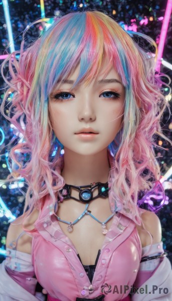 1girl,solo,long hair,breasts,looking at viewer,bangs,blue eyes,cleavage,bare shoulders,jewelry,medium breasts,closed mouth,blue hair,upper body,pink hair,multicolored hair,small breasts,choker,necklace,two-tone hair,lips,streaked hair,eyelashes,buttons,wavy hair,realistic,nose,parted lips,bra