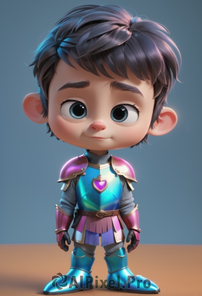 solo,looking at viewer,smile,short hair,bangs,blue eyes,brown hair,black hair,gloves,1boy,closed mouth,standing,full body,male focus,heart,boots,belt,pants,chibi,armor,black eyes,blue background,thick eyebrows,shoulder armor,gauntlets,gem,freckles,pauldrons,breastplate,arms at sides,armored boots,plate armor,artist name,watermark,male child