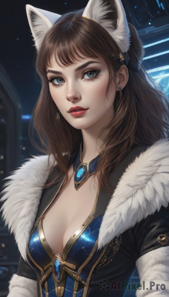 1girl,solo,long hair,breasts,looking at viewer,bangs,blue eyes,brown hair,hair ornament,animal ears,cleavage,jewelry,medium breasts,upper body,earrings,small breasts,parted lips,cat ears,mole,blurry,lips,coat,animal ear fluff,grey eyes,fur trim,eyelashes,makeup,blurry background,fake animal ears,lipstick,brooch,gem,extra ears,eyeshadow,freckles,nose,red lips,eyeliner,dress,closed mouth,short sleeves,hairband,artist name,signature,necklace,blue dress,wolf ears,fur collar,realistic,fur,mascara