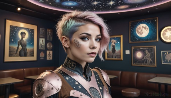 1girl,solo,looking at viewer,short hair,blue eyes,blonde hair,jewelry,blue hair,upper body,pink hair,white hair,multicolored hair,earrings,indoors,star (symbol),armor,two-tone hair,lips,streaked hair,tattoo,makeup,piercing,moon,shoulder armor,ear piercing,portrait,star (sky),science fiction,pauldrons,realistic,nose,stud earrings,space,very short hair,photo (object),undercut,planet,painting (object),cyberpunk,grey eyes,chair,asymmetrical hair,shoulder pads,mohawk,eyebrow piercing