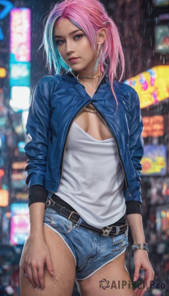 1girl,solo,long hair,breasts,looking at viewer,blue eyes,shirt,long sleeves,cleavage,jewelry,medium breasts,closed mouth,standing,jacket,white shirt,pink hair,multicolored hair,cowboy shot,earrings,small breasts,outdoors,open clothes,shorts,belt,dark skin,necklace,blurry,bracelet,open jacket,dark-skinned female,lips,fingernails,wet,short shorts,makeup,blurry background,piercing,cleavage cutout,ring,cross,denim,cropped jacket,rain,blue shorts,denim shorts,realistic,nose,denim jacket,hair ornament,blue hair,choker,artist name,mole,two-tone hair,night,depth of field,chain,watermark,blue jacket,wet clothes,breasts apart,web address,freckles,contrapposto,hoop earrings,city